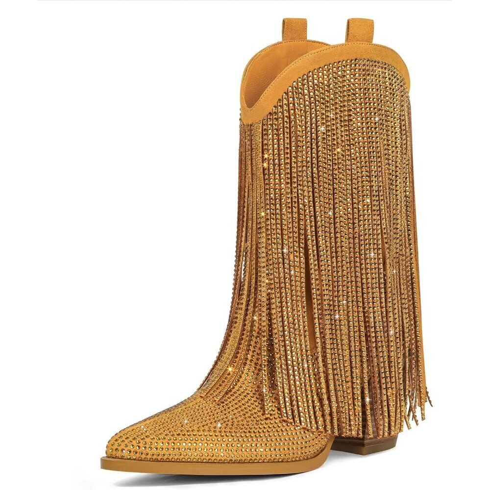 Women Cowgirl Yellow Rhinestone Sparkly Fringe Chunky Pointed Toe Ankle Boots
